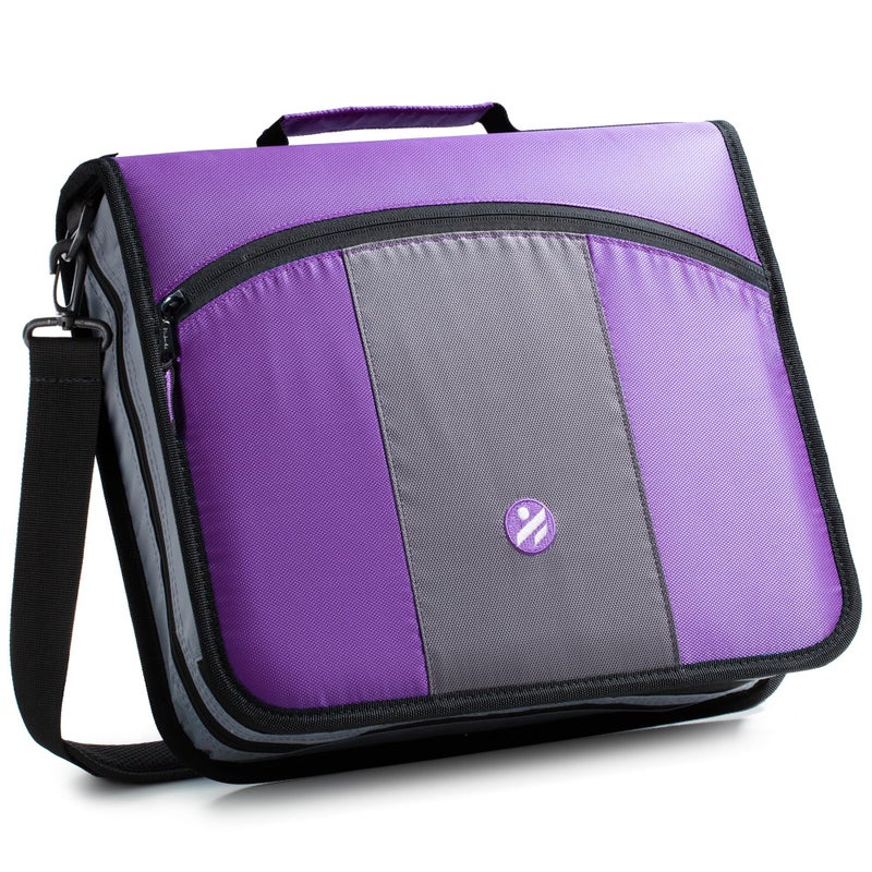 Kinbashi 3-Inch 3 Round Rings Zipper Binder, Expanding Files, Handle and Shoulder Strap Included, Purple - Image 1